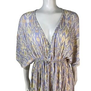 World Market Boho Purple Yellow Ikat Maxi Dress Elastic Waist S/M Flowy Western